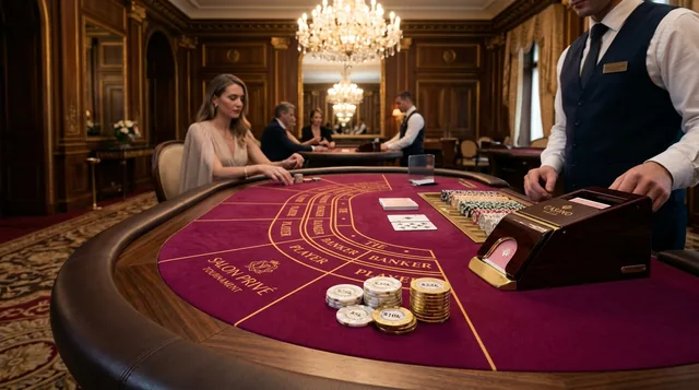 Salon Prive luxury baccarat table with velvet layout and high value plaques