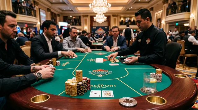 Professional poker tournament table with ceramic chips and dealt cards