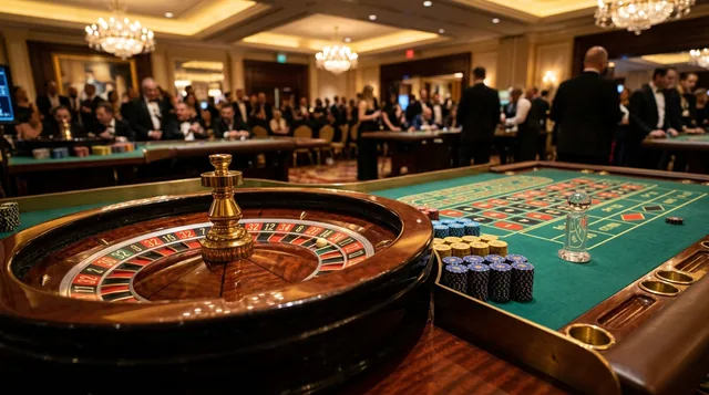 Precision mahogany and gold roulette wheel with ivory ball in winning pocket
