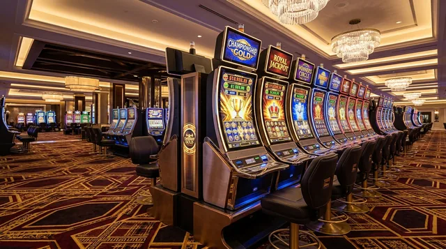 Modern electronic slot machines row in luxury casino setting