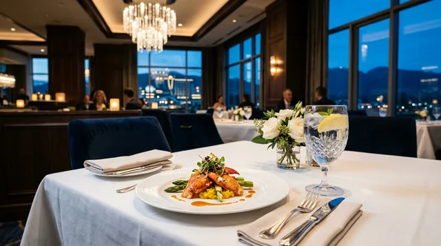 Fine dining table setting at 21 Club Steakhouse overlooking Niagara evening lights