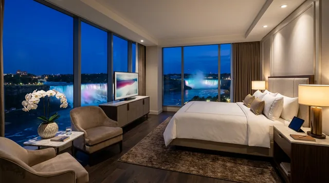 Luxury hotel suite overlooking illuminated Niagara Horseshoe Falls at night
