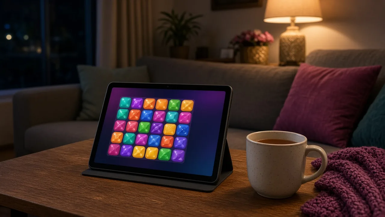 Evening living room with a tablet used for browser game play