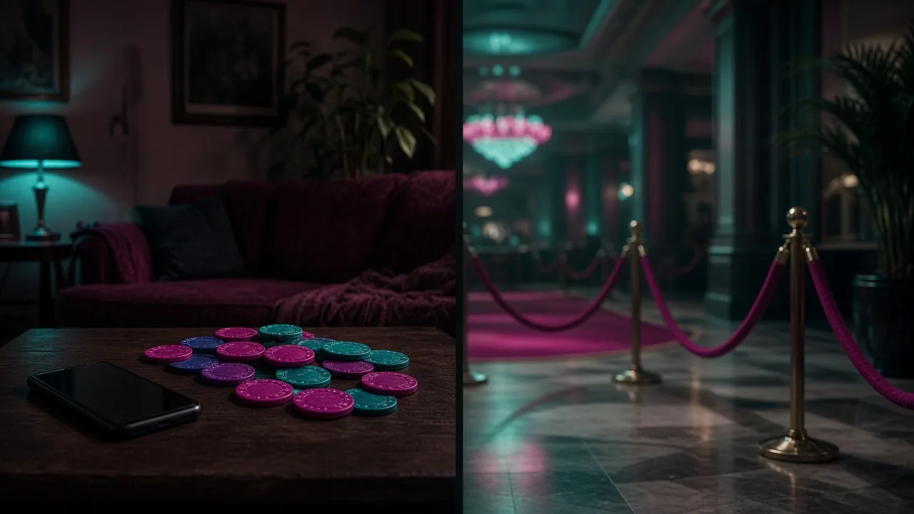 Home play with virtual tokens contrasted with an empty casino lobby